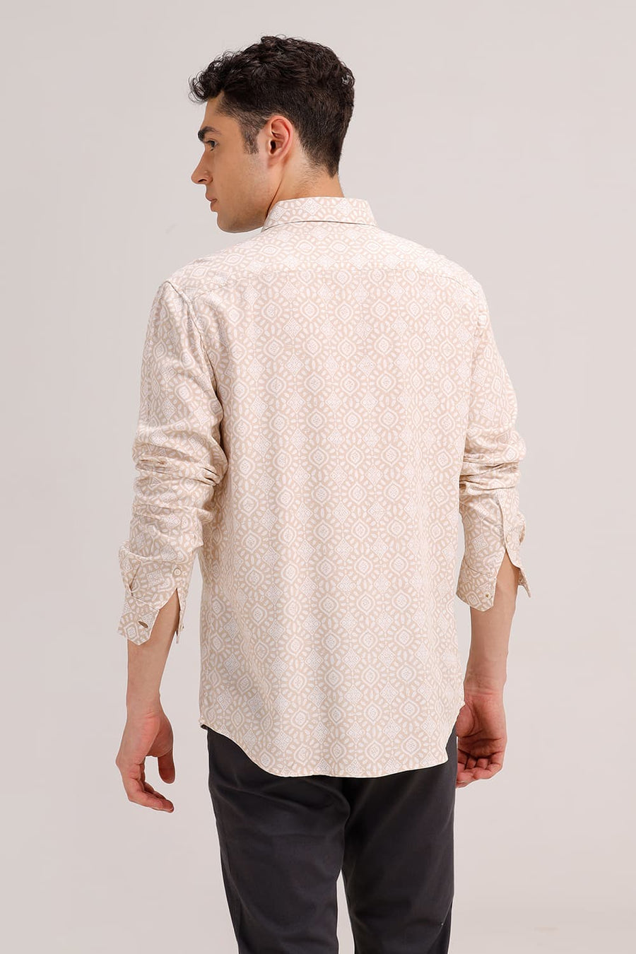 BASICS SLIM FIT MACADAMIA KHAKI VISCOSE PRINTED SHIRT