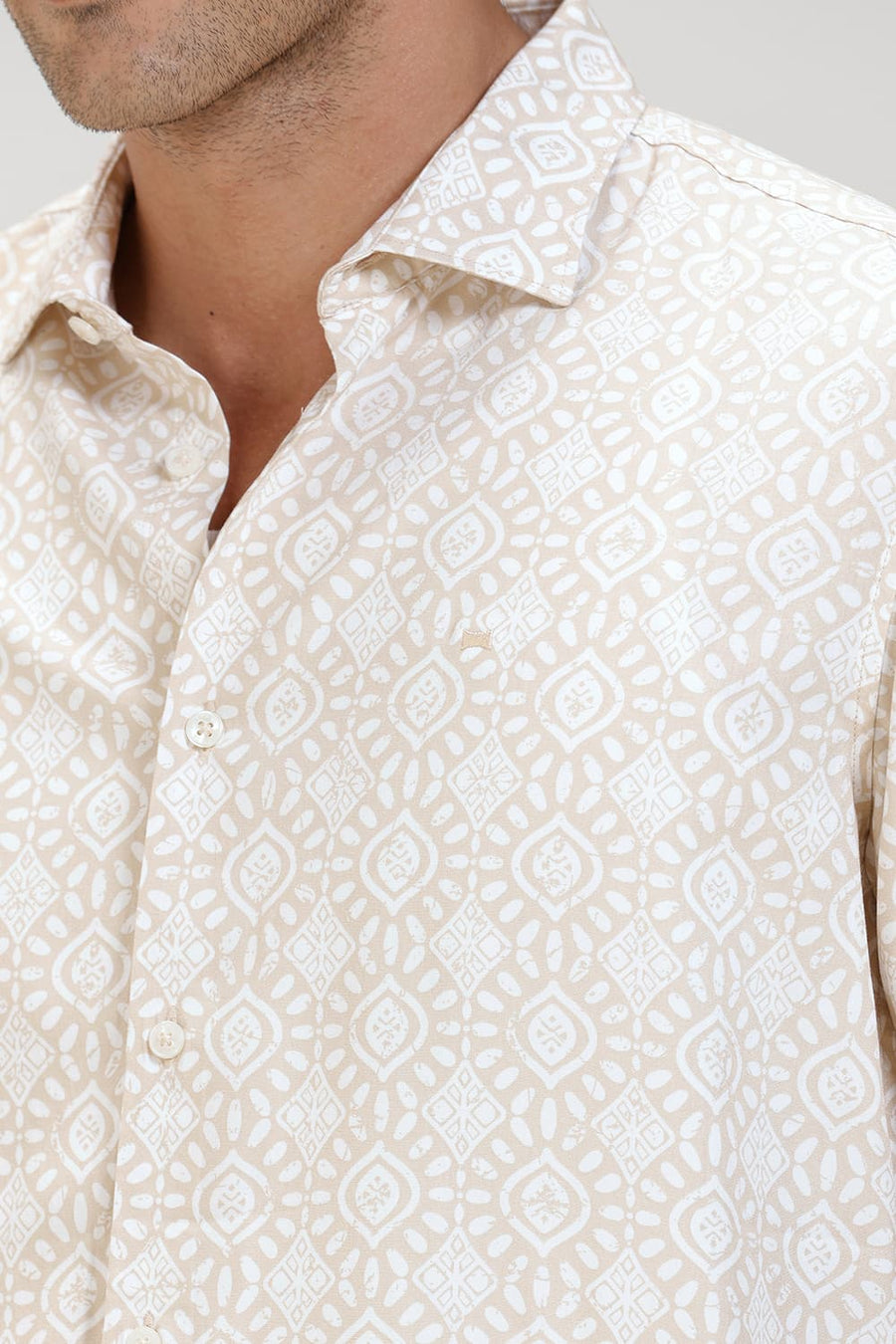 BASICS SLIM FIT MACADAMIA KHAKI VISCOSE PRINTED HALFSLEEVES SHIRT