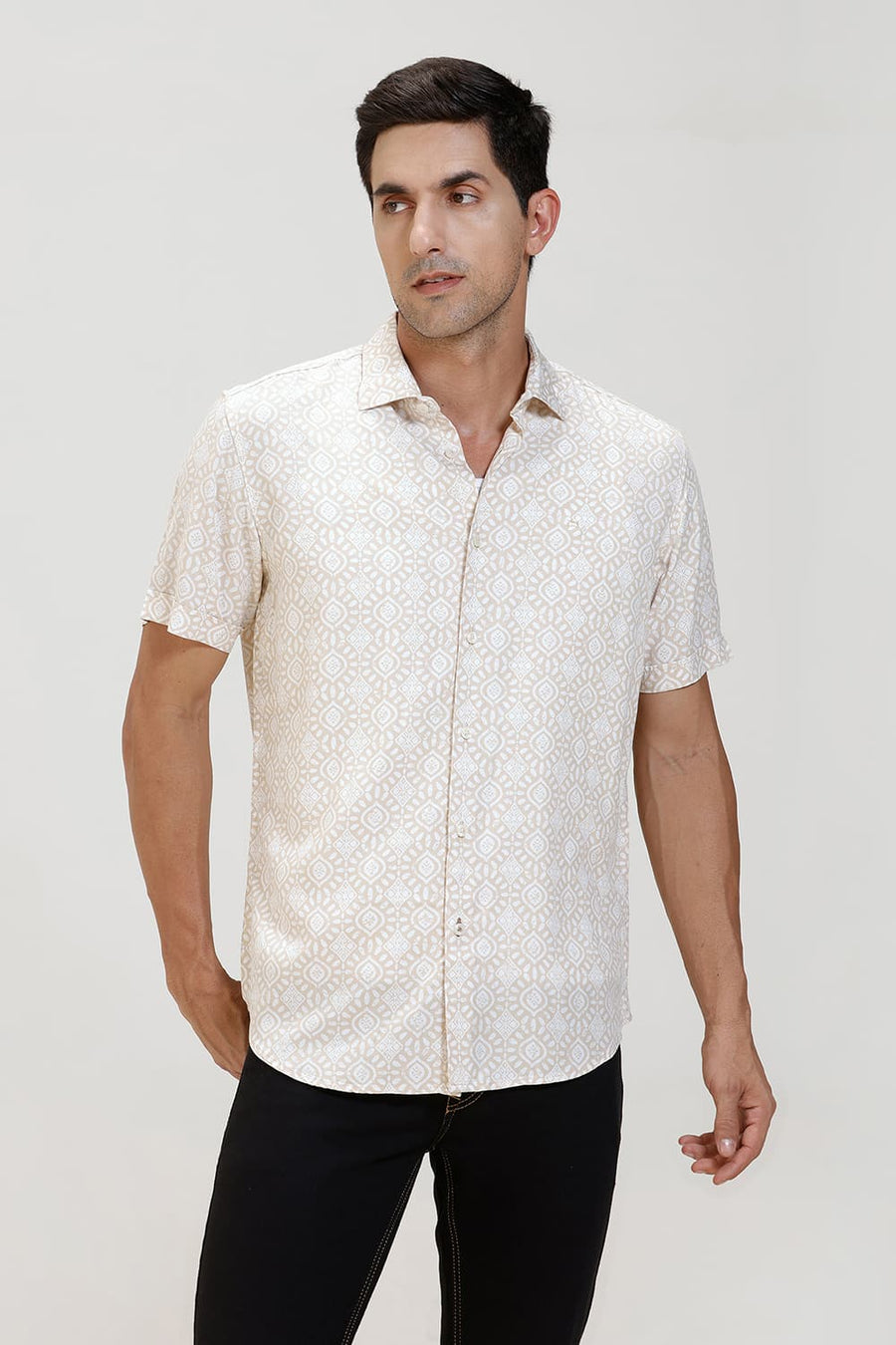 BASICS SLIM FIT MACADAMIA KHAKI VISCOSE PRINTED HALFSLEEVES SHIRT