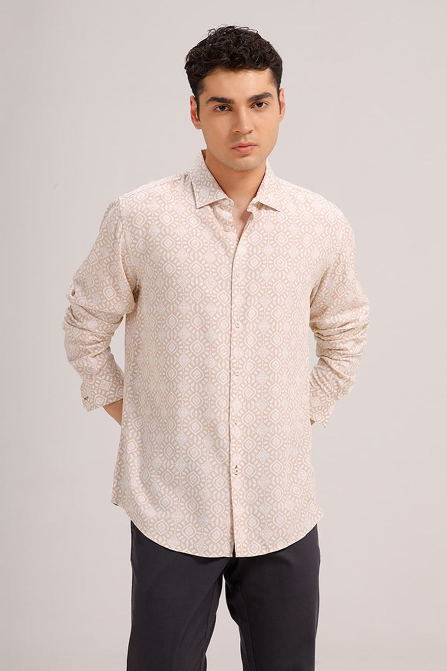 BASICS SLIM FIT MACADAMIA KHAKI VISCOSE PRINTED SHIRT