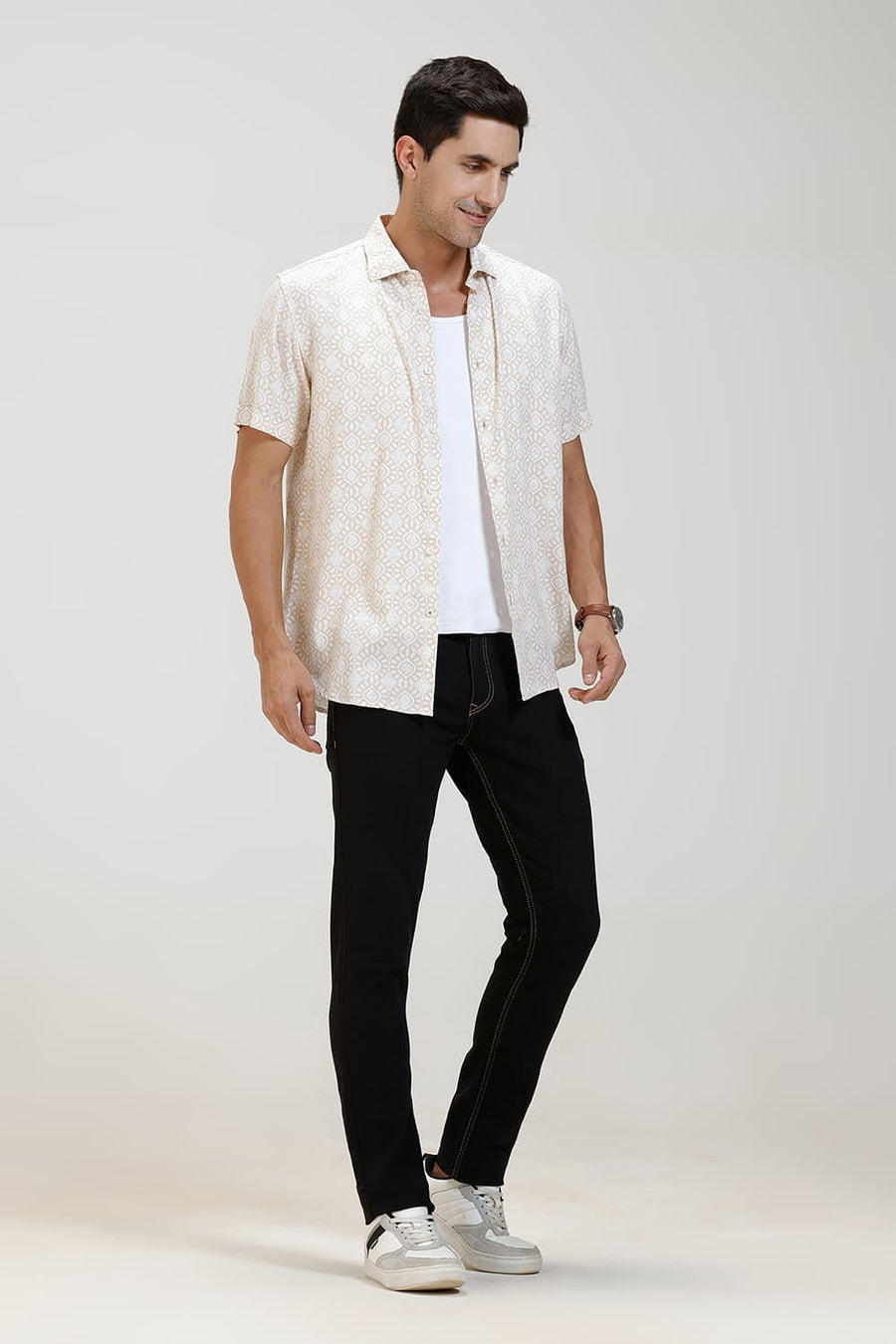 BASICS SLIM FIT MACADAMIA KHAKI VISCOSE PRINTED HALFSLEEVES SHIRT