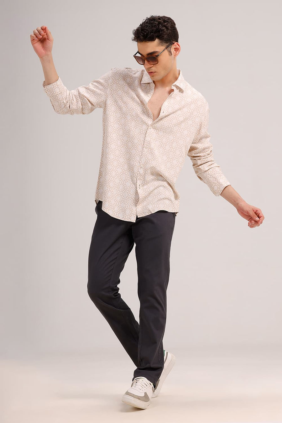 BASICS SLIM FIT MACADAMIA KHAKI VISCOSE PRINTED SHIRT