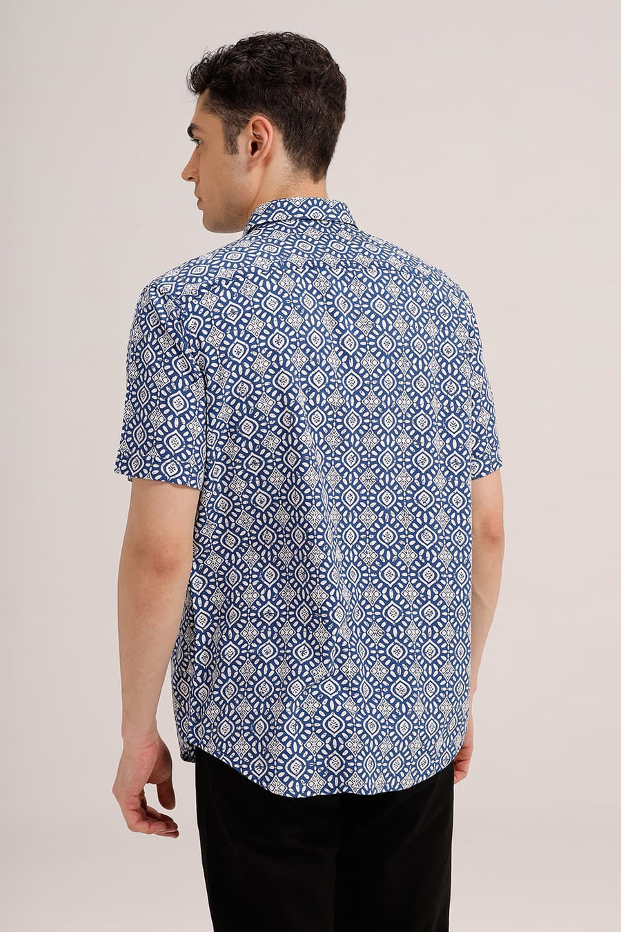 BASICS SLIM FIT NAUTICAL MIDBLUE VISCOSE PRINTED HALFSLEEVES SHIRT