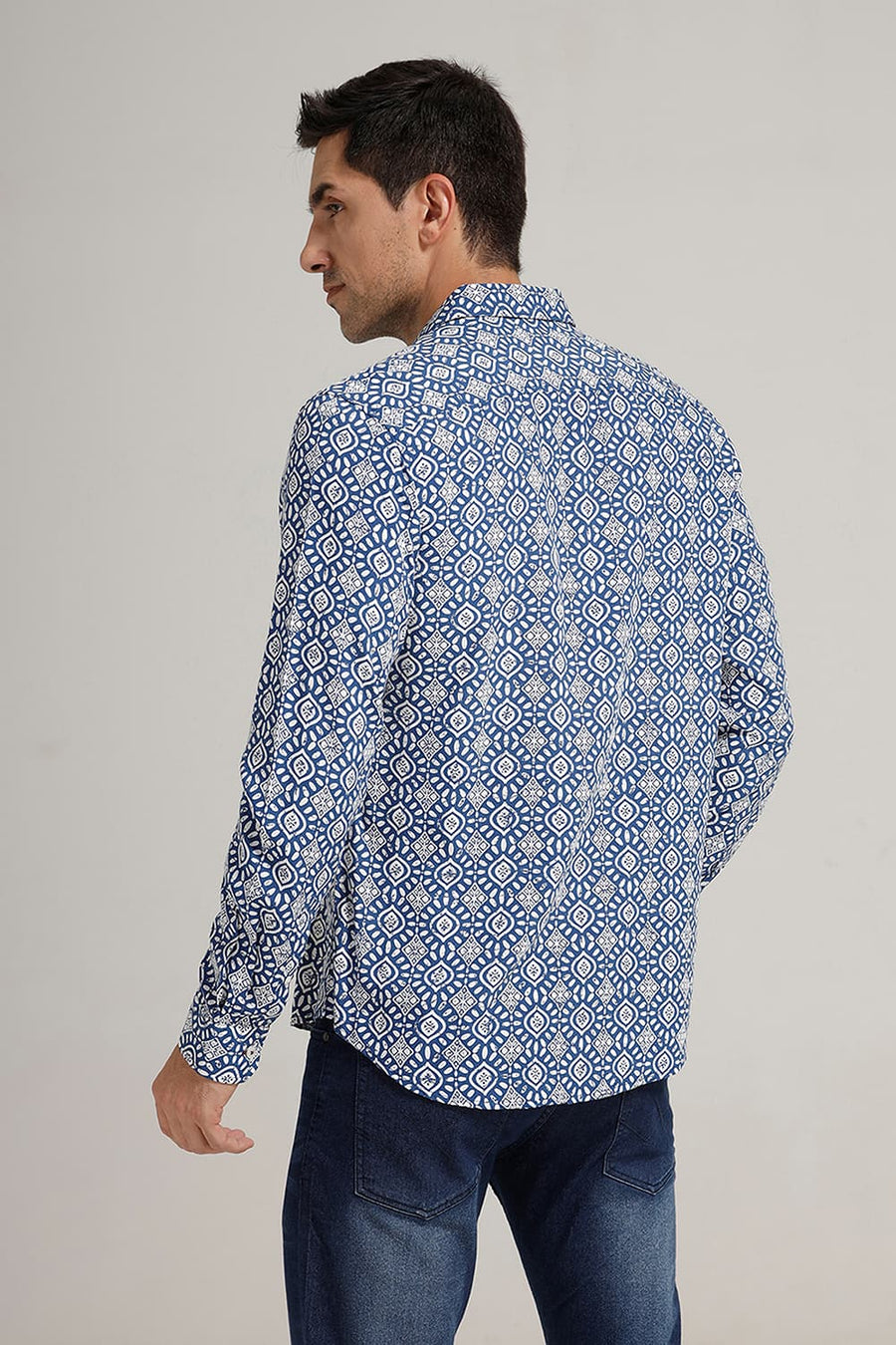 BASICS SLIM FIT NAUTICAL MIDBLUE VISCOSE PRINTED SHIRT