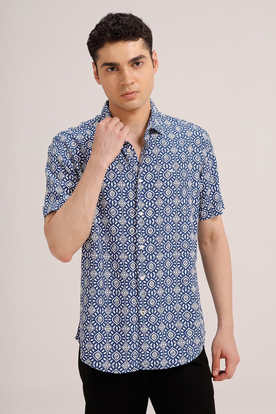 BASICS SLIM FIT NAUTICAL MIDBLUE VISCOSE PRINTED HALFSLEEVES SHIRT