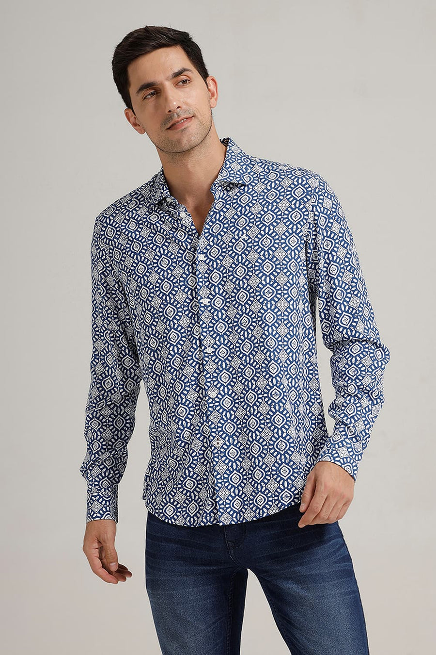BASICS SLIM FIT NAUTICAL MIDBLUE VISCOSE PRINTED SHIRT