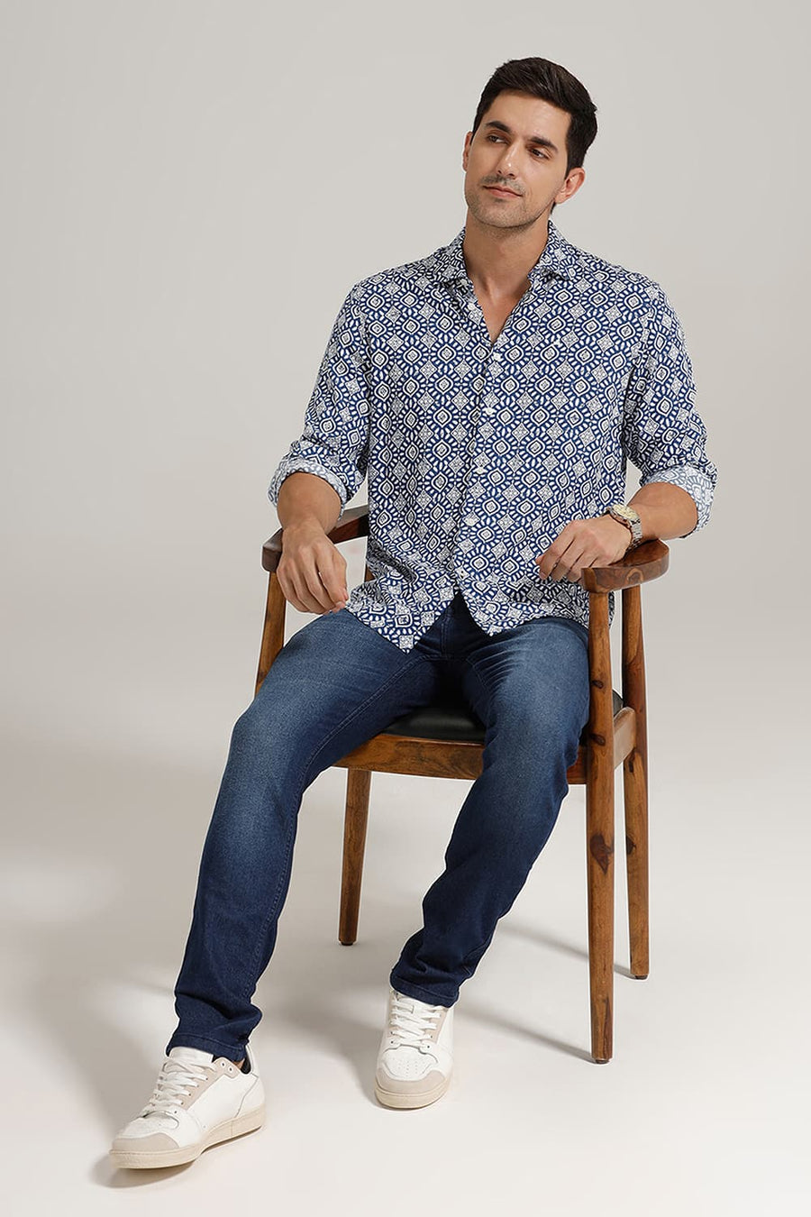 BASICS SLIM FIT NAUTICAL MIDBLUE VISCOSE PRINTED SHIRT