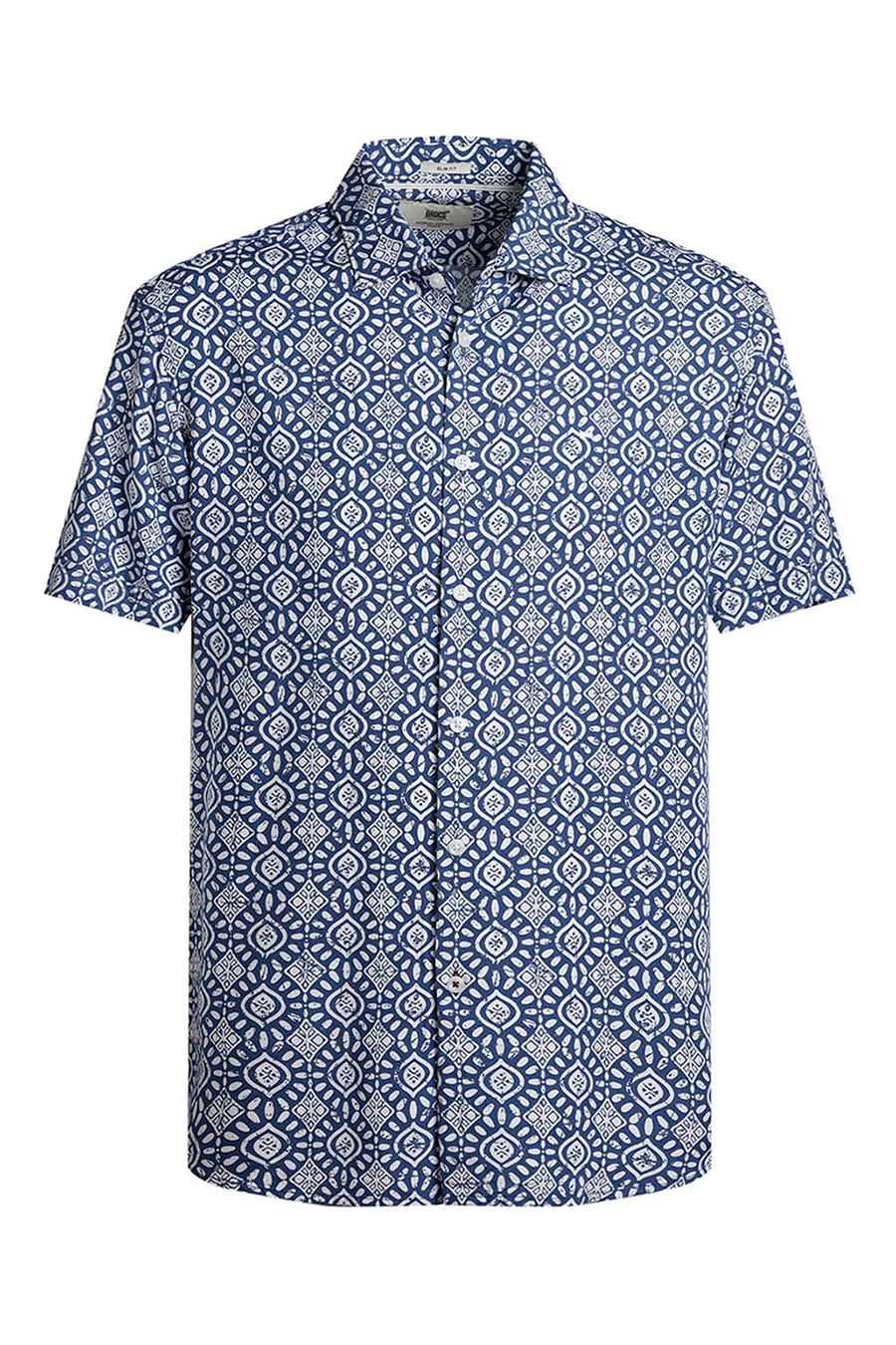 BASICS SLIM FIT NAUTICAL MIDBLUE VISCOSE PRINTED HALFSLEEVES SHIRT