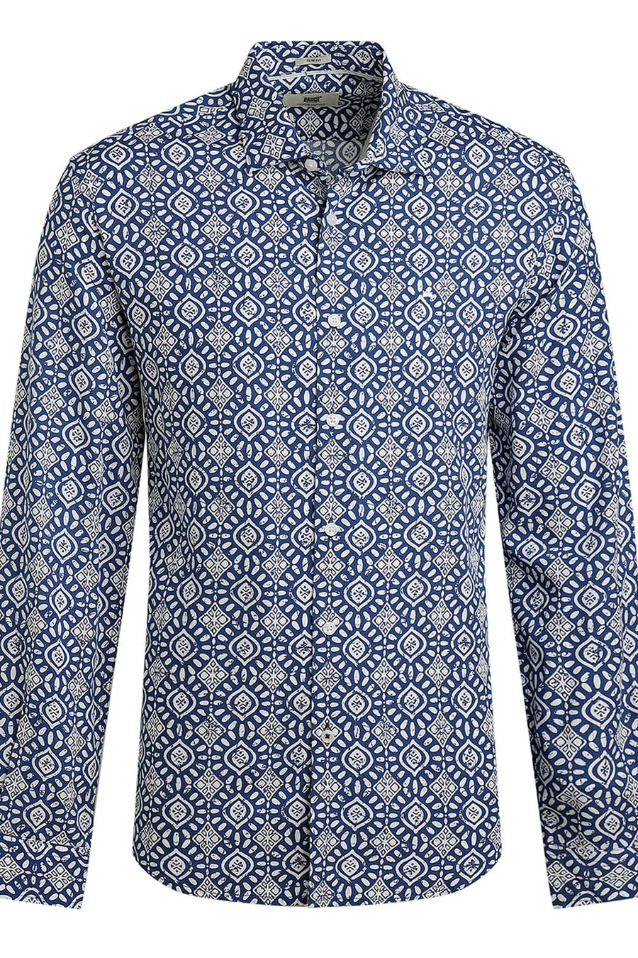 BASICS SLIM FIT NAUTICAL MIDBLUE VISCOSE PRINTED SHIRT