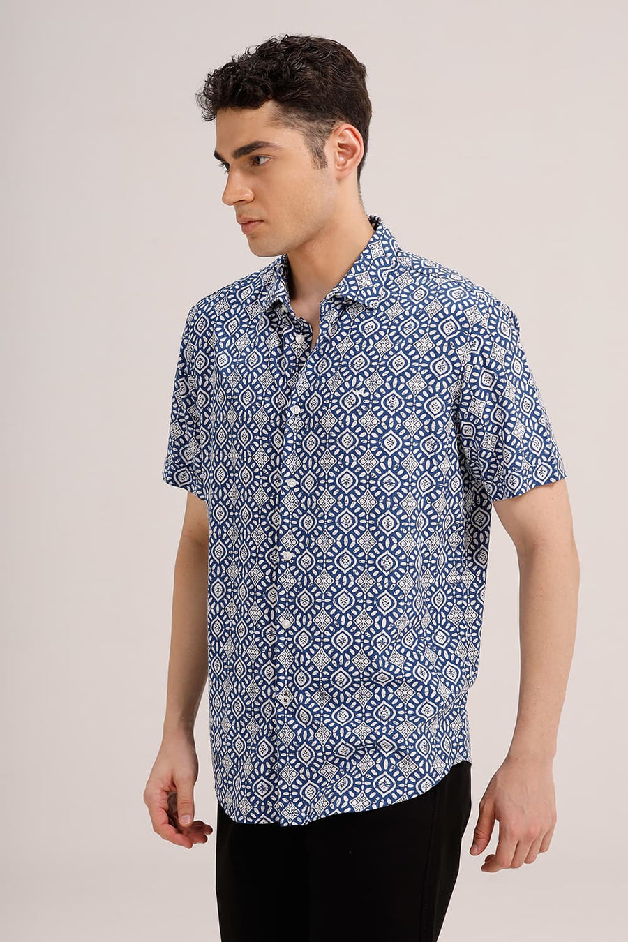 BASICS SLIM FIT NAUTICAL MIDBLUE VISCOSE PRINTED HALFSLEEVES SHIRT