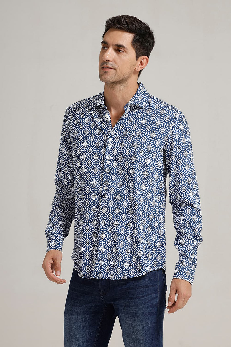BASICS SLIM FIT NAUTICAL MIDBLUE VISCOSE PRINTED SHIRT