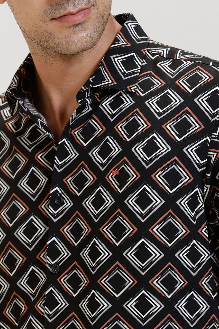 BASICS SLIM FIT BLACK AMBERGLOW VISCOSE PRINTED HALFSLEEVES SHIRT