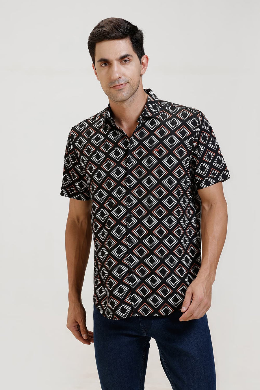 BASICS SLIM FIT BLACK AMBERGLOW VISCOSE PRINTED HALFSLEEVES SHIRT