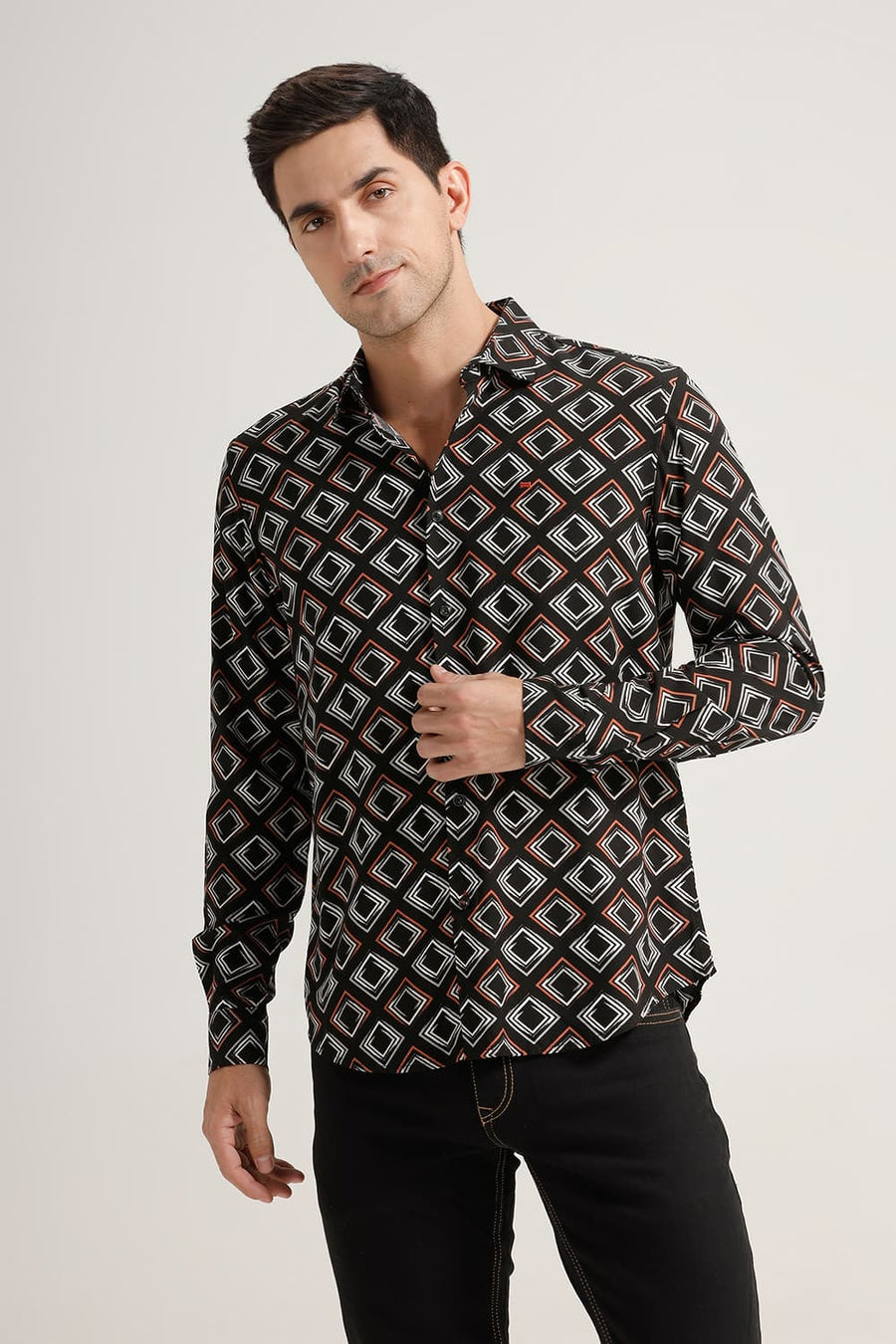 BASICS SLIM FIT BLACK AMBERGLOW VISCOSE PRINTED SHIRT