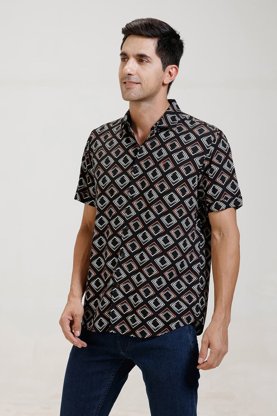 BASICS SLIM FIT BLACK AMBERGLOW VISCOSE PRINTED HALFSLEEVES SHIRT