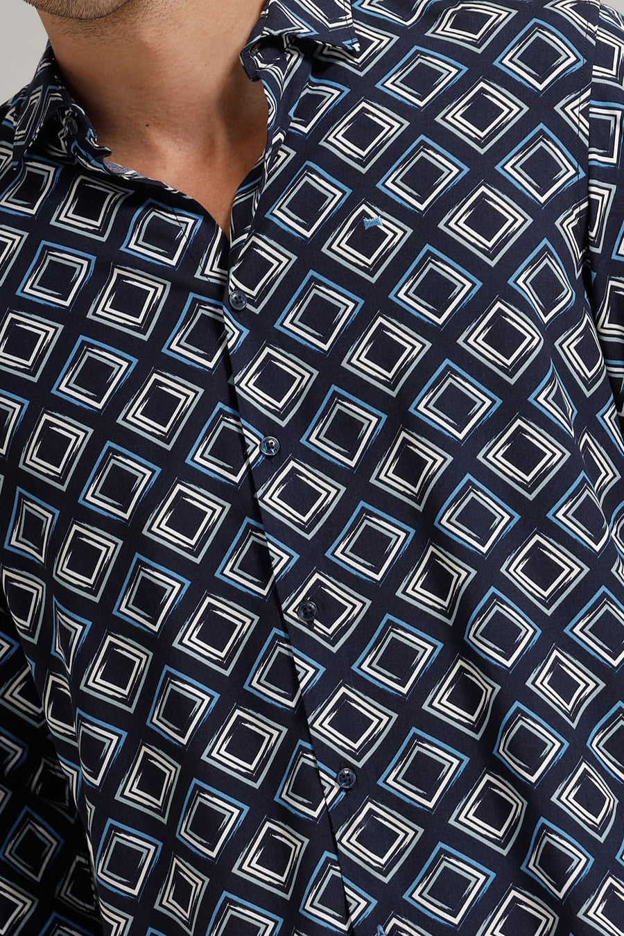 BASICS SLIM FIT TRUE NAVY VISCOSE PRINTED SHIRT