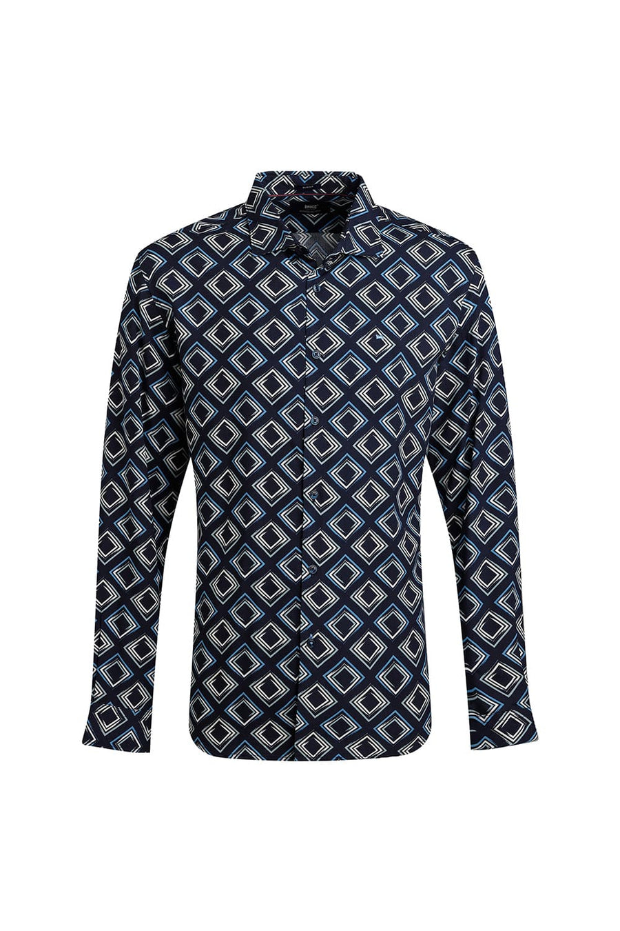BASICS SLIM FIT TRUE NAVY VISCOSE PRINTED SHIRT