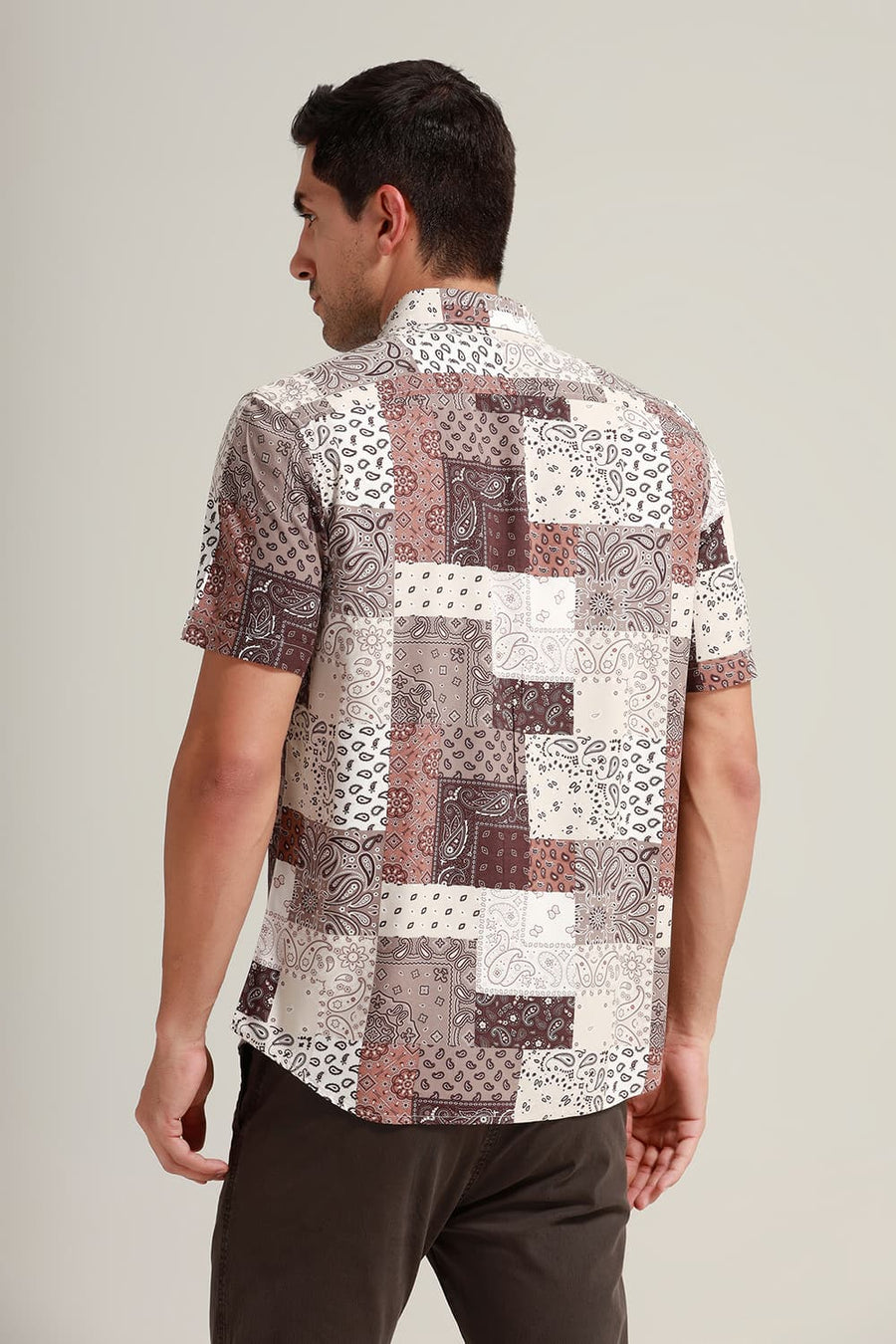 BASICS SLIM FIT TOFFEE BROWN VISCOSE PRINTED HALFSLEEVES SHIRT