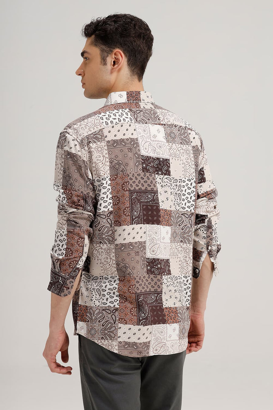 BASICS SLIM FIT TOFFEE BROWN VISCOSE PRINTED SHIRT