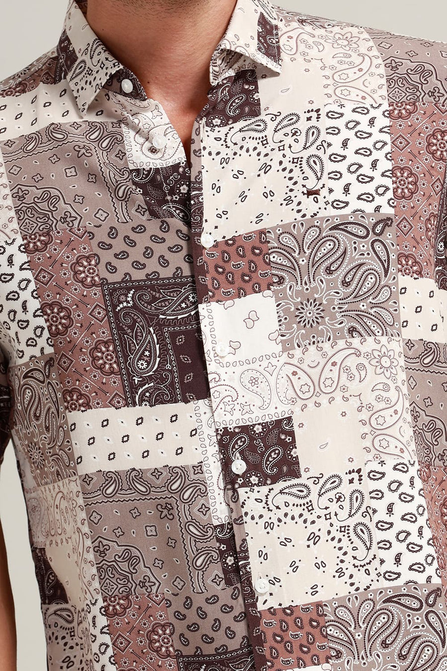 BASICS SLIM FIT TOFFEE BROWN VISCOSE PRINTED HALFSLEEVES SHIRT