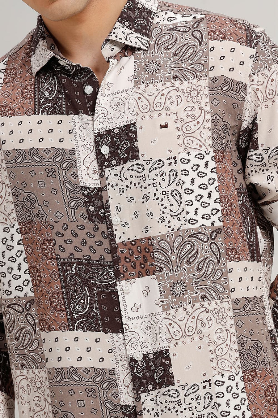 BASICS SLIM FIT TOFFEE BROWN VISCOSE PRINTED SHIRT