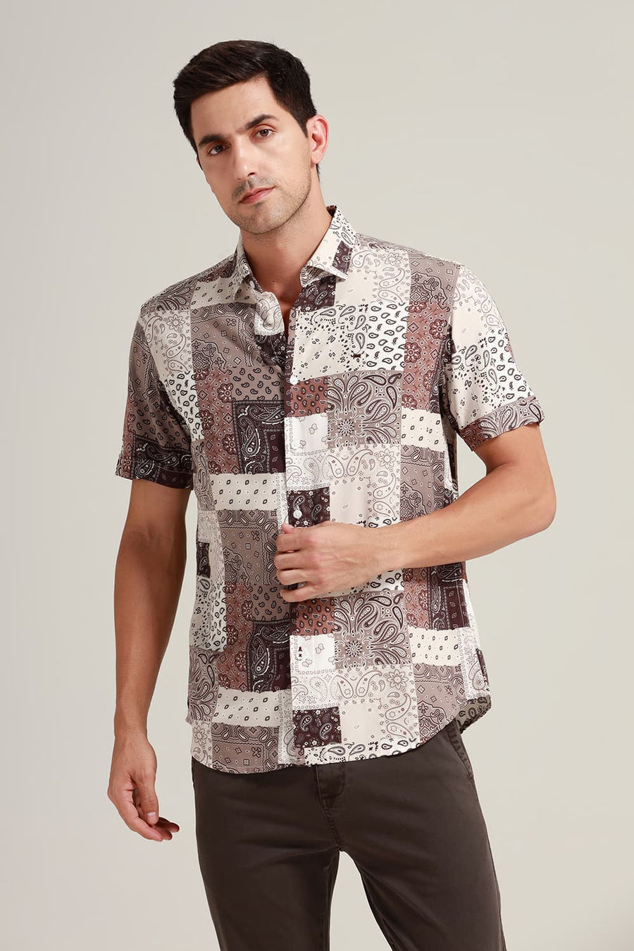 BASICS SLIM FIT TOFFEE BROWN VISCOSE PRINTED HALFSLEEVES SHIRT