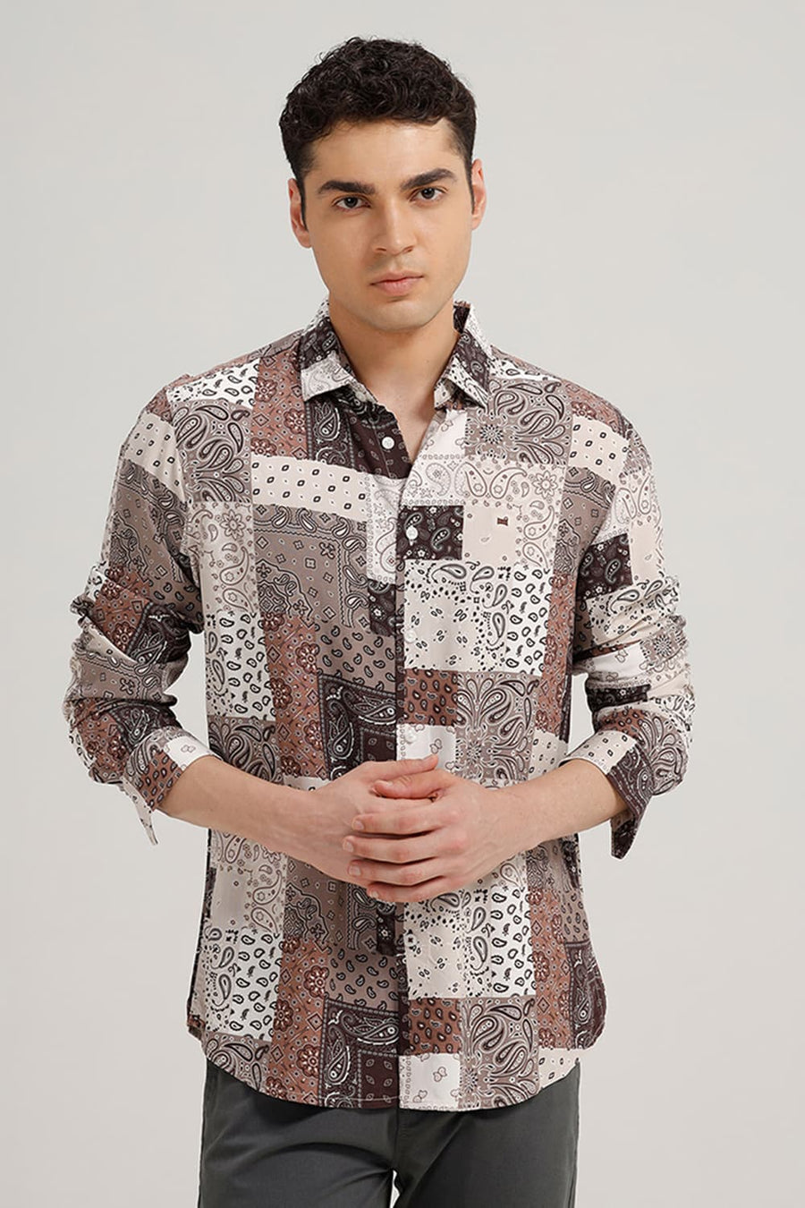 BASICS SLIM FIT TOFFEE BROWN VISCOSE PRINTED SHIRT