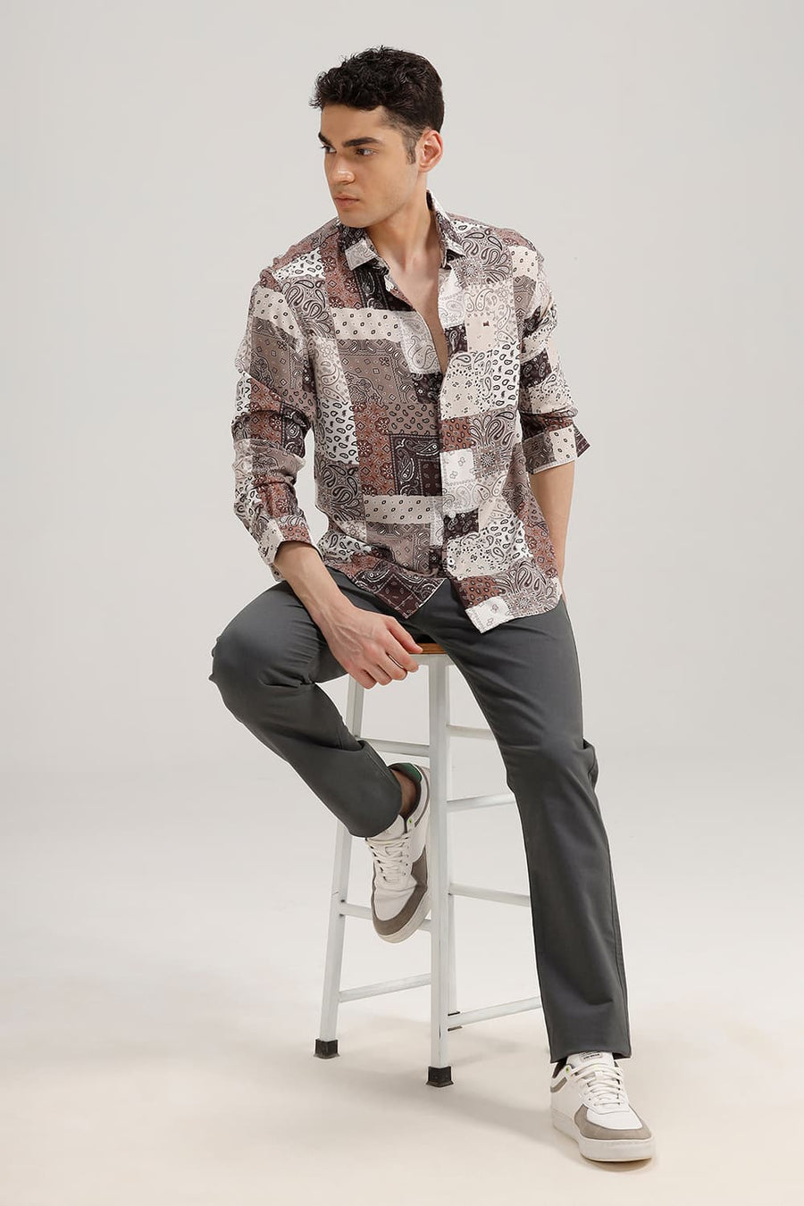 BASICS SLIM FIT TOFFEE BROWN VISCOSE PRINTED SHIRT