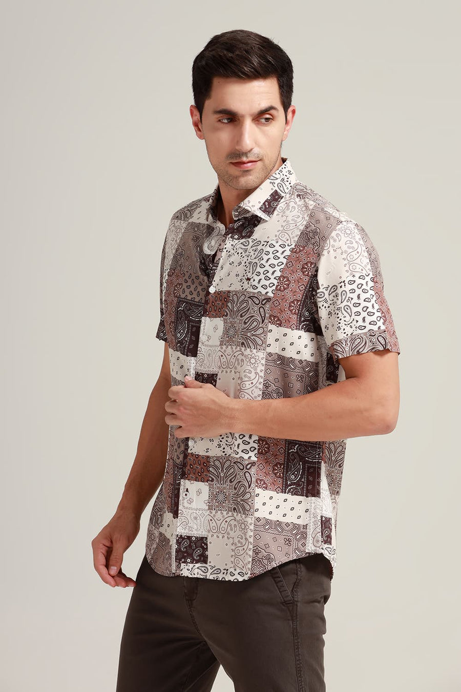 BASICS SLIM FIT TOFFEE BROWN VISCOSE PRINTED HALFSLEEVES SHIRT
