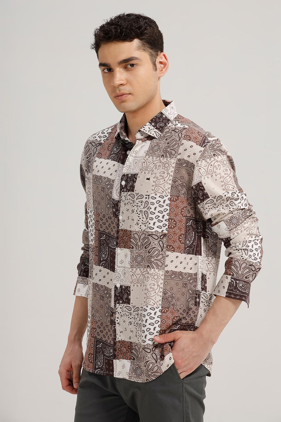 BASICS SLIM FIT TOFFEE BROWN VISCOSE PRINTED SHIRT