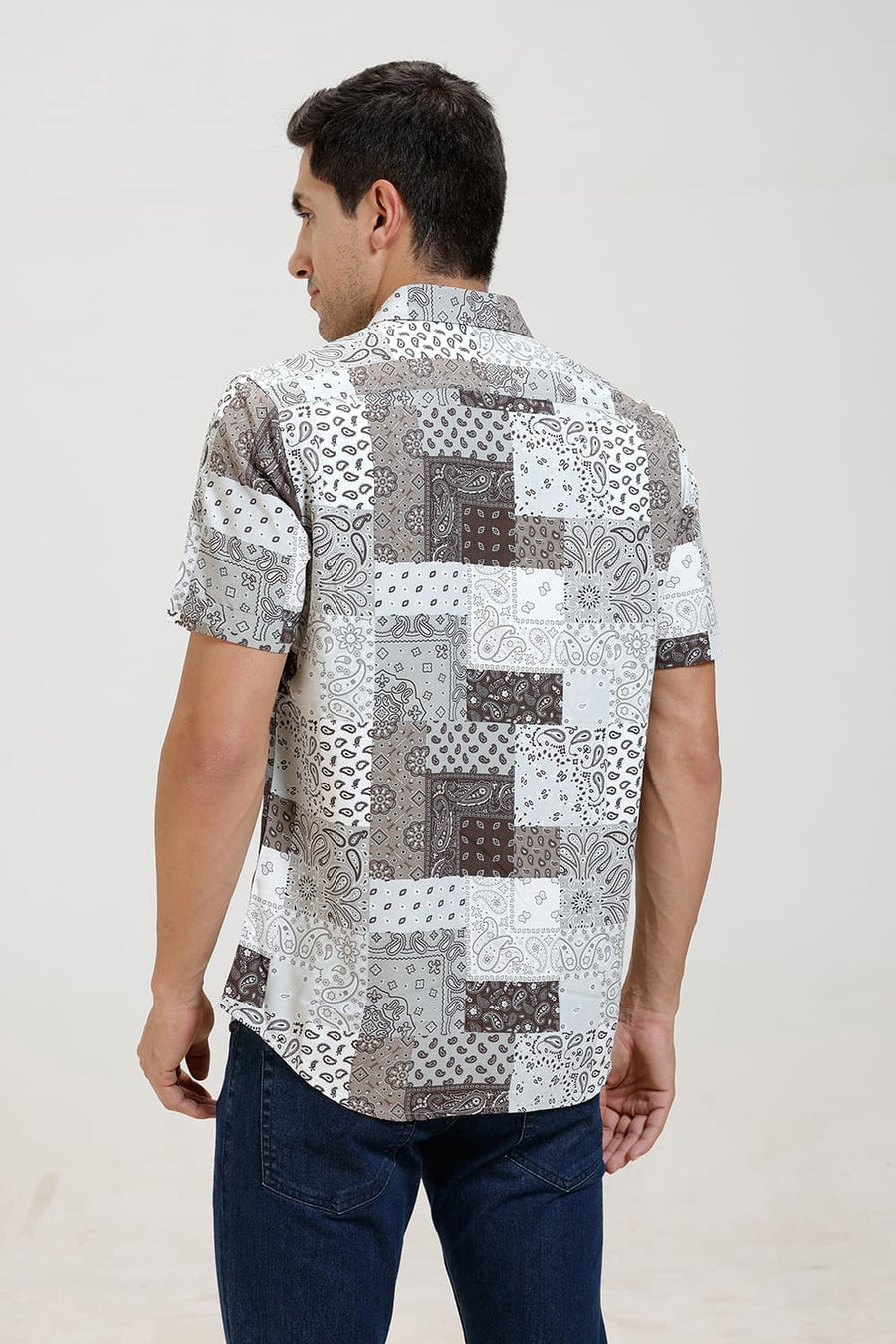 BASICS SLIM FIT COCOA OLIVE VISCOSE PRINTED HALFSLEEVES SHIRT