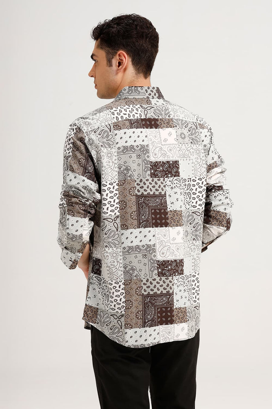BASICS SLIM FIT COCOA OLIVE VISCOSE PRINTED SHIRT