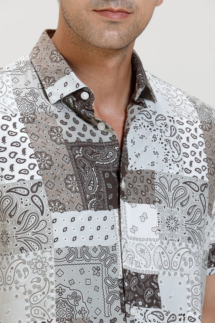 BASICS SLIM FIT COCOA OLIVE VISCOSE PRINTED HALFSLEEVES SHIRT