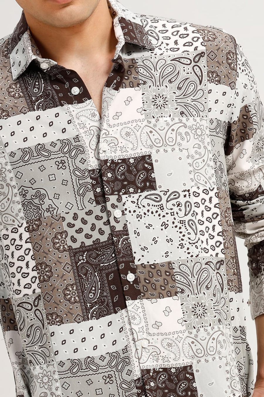 BASICS SLIM FIT COCOA OLIVE VISCOSE PRINTED SHIRT