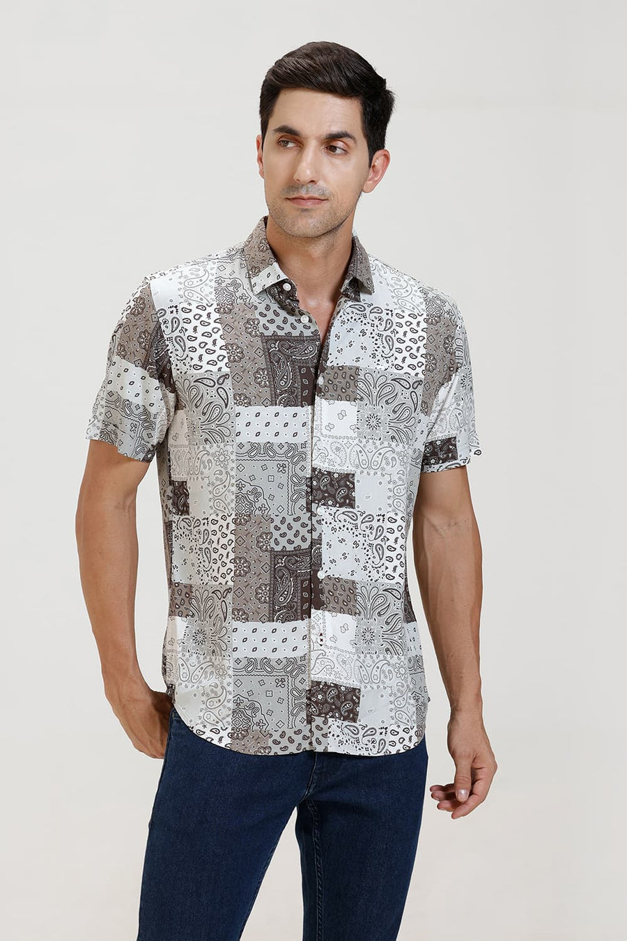 BASICS SLIM FIT COCOA OLIVE VISCOSE PRINTED HALFSLEEVES SHIRT