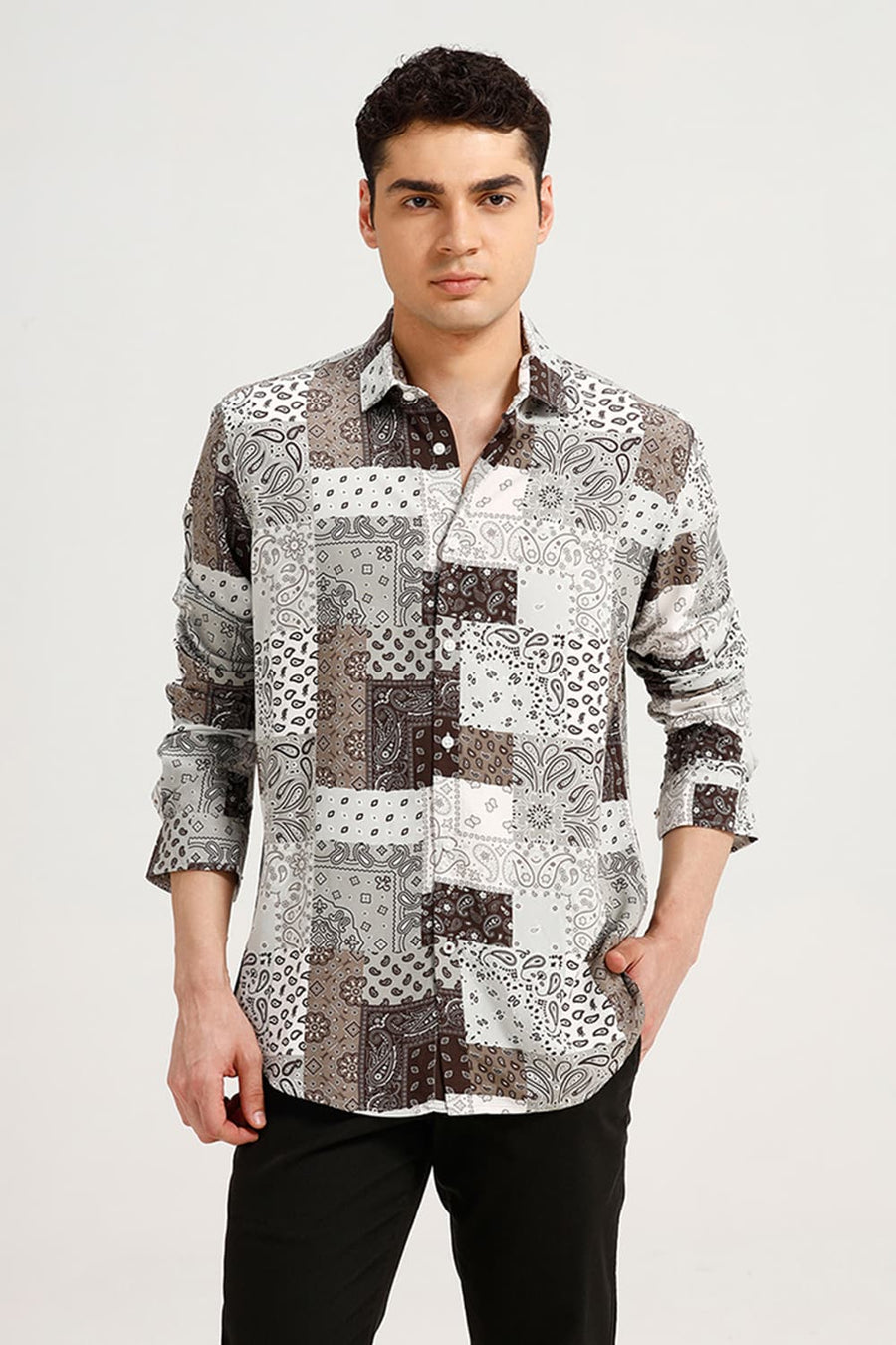 BASICS SLIM FIT COCOA OLIVE VISCOSE PRINTED SHIRT