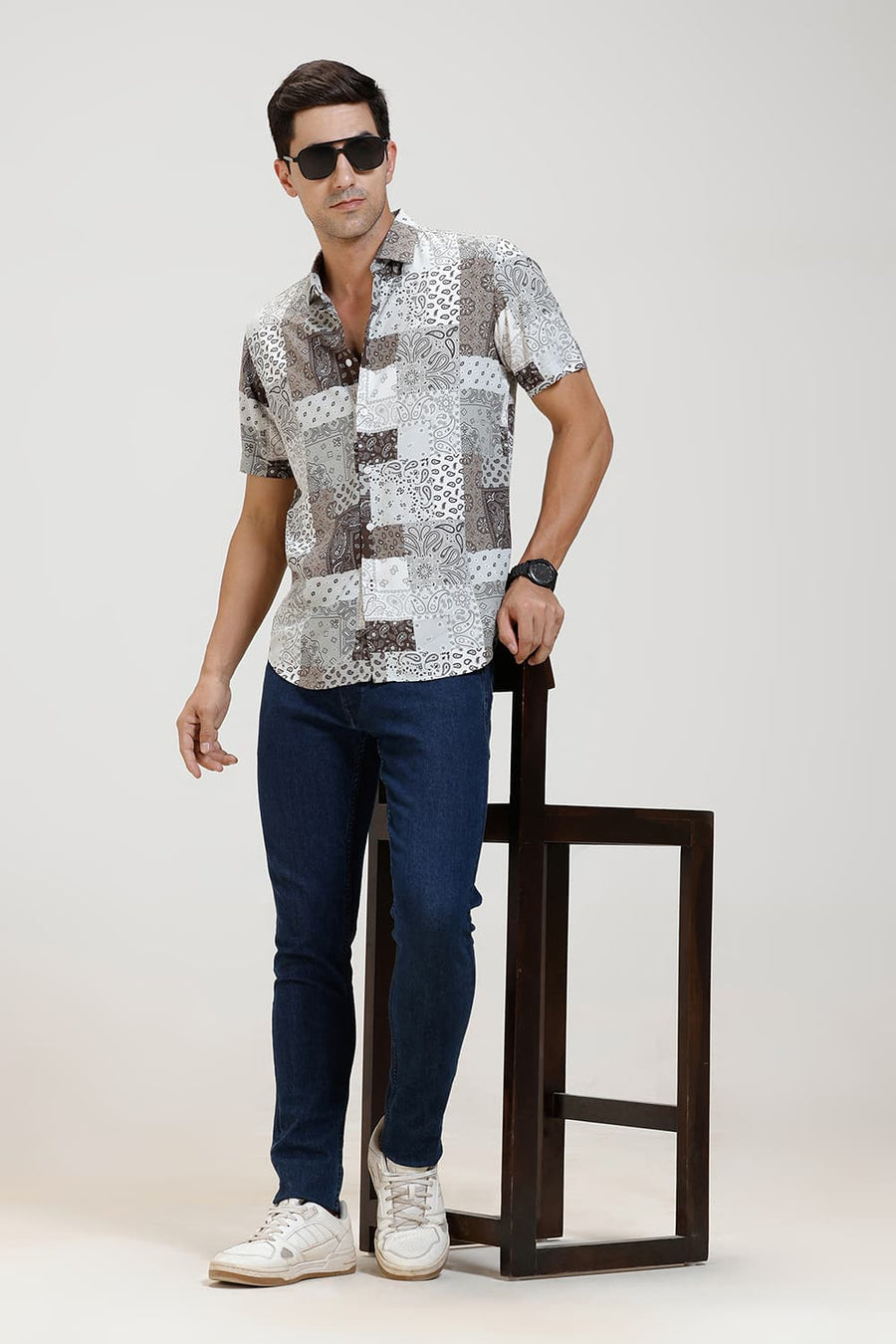 BASICS SLIM FIT COCOA OLIVE VISCOSE PRINTED HALFSLEEVES SHIRT