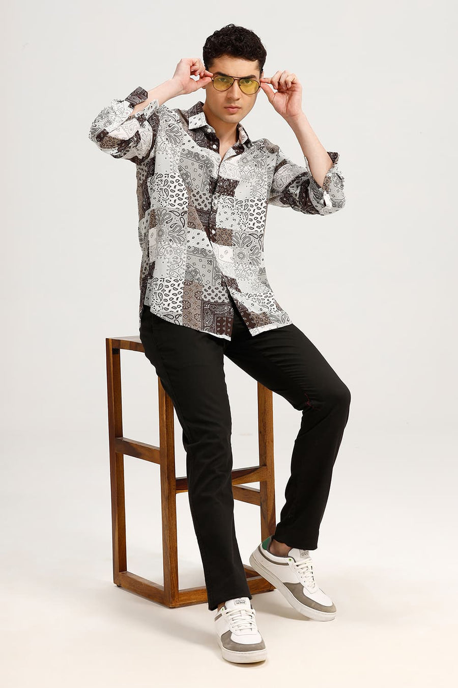 BASICS SLIM FIT COCOA OLIVE VISCOSE PRINTED SHIRT