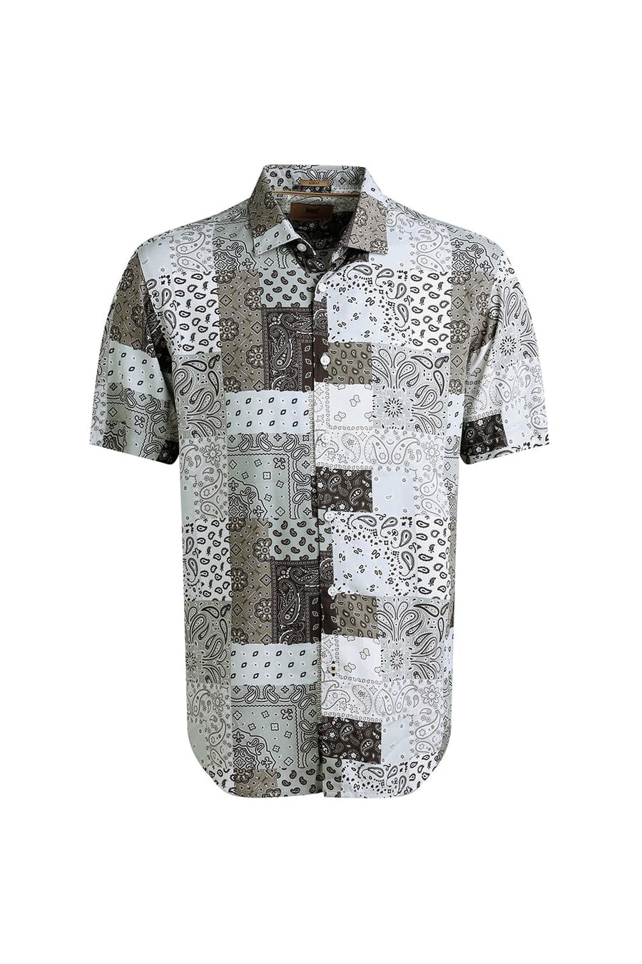 BASICS SLIM FIT COCOA OLIVE VISCOSE PRINTED HALFSLEEVES SHIRT