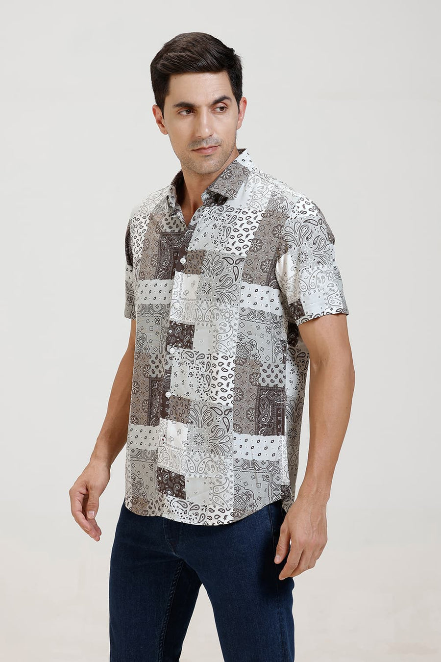BASICS SLIM FIT COCOA OLIVE VISCOSE PRINTED HALFSLEEVES SHIRT