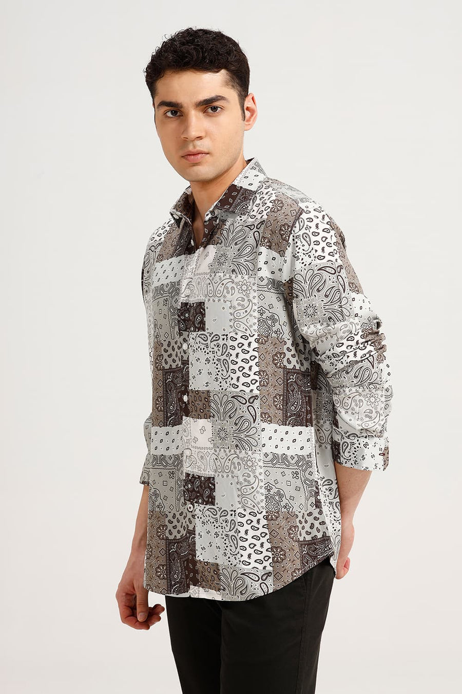 BASICS SLIM FIT COCOA OLIVE VISCOSE PRINTED SHIRT