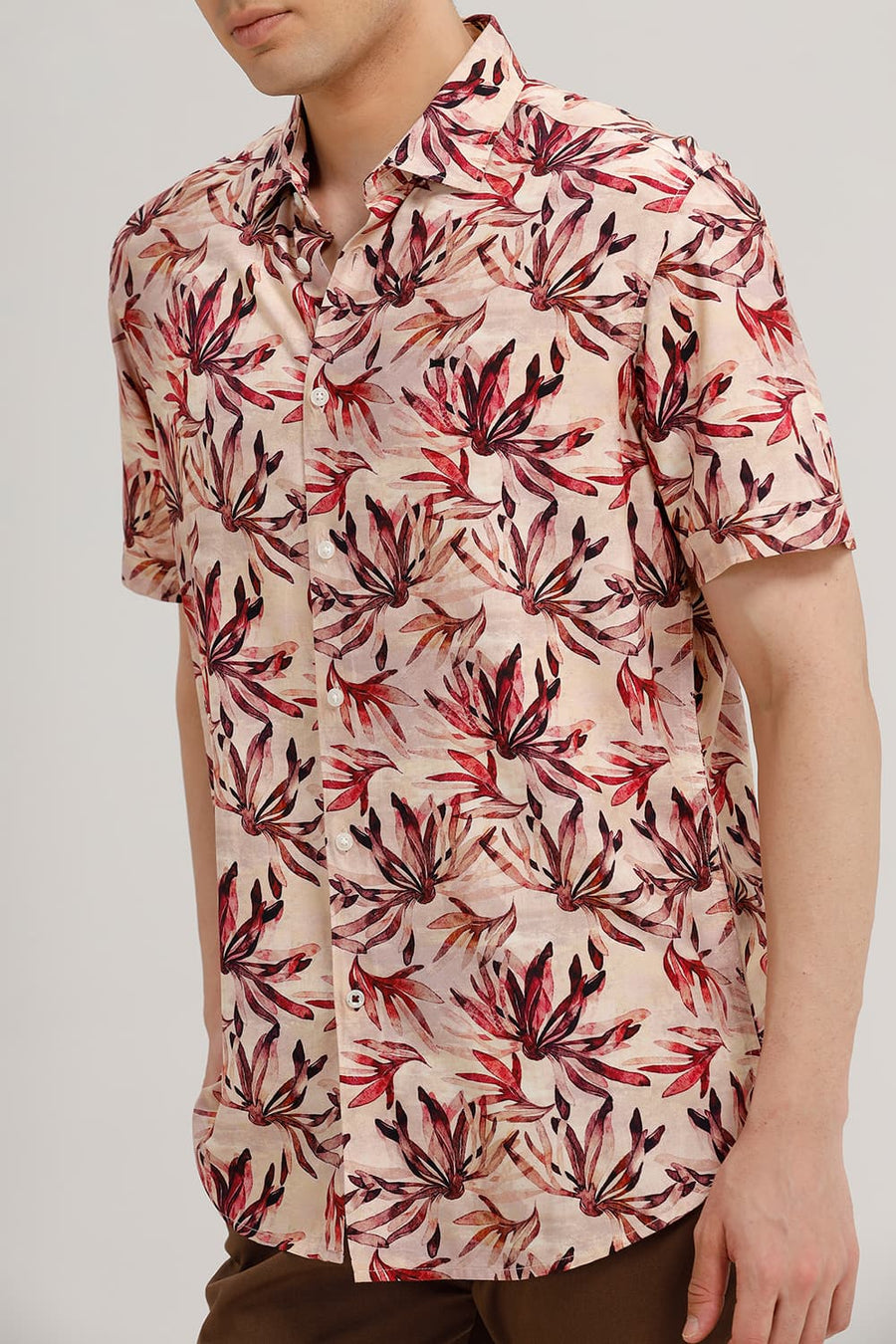 BASICS SLIM FIT PEACH LATTE VISCOSE DIGITAL PRINTED HALFSLEEVES SHIRT