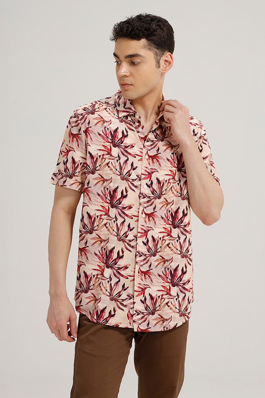 BASICS SLIM FIT PEACH LATTE VISCOSE DIGITAL PRINTED HALFSLEEVES SHIRT