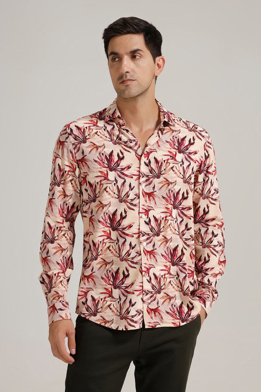 BASICS SLIM FIT PEACH LATTE VISCOSE DIGITAL PRINTED SHIRT