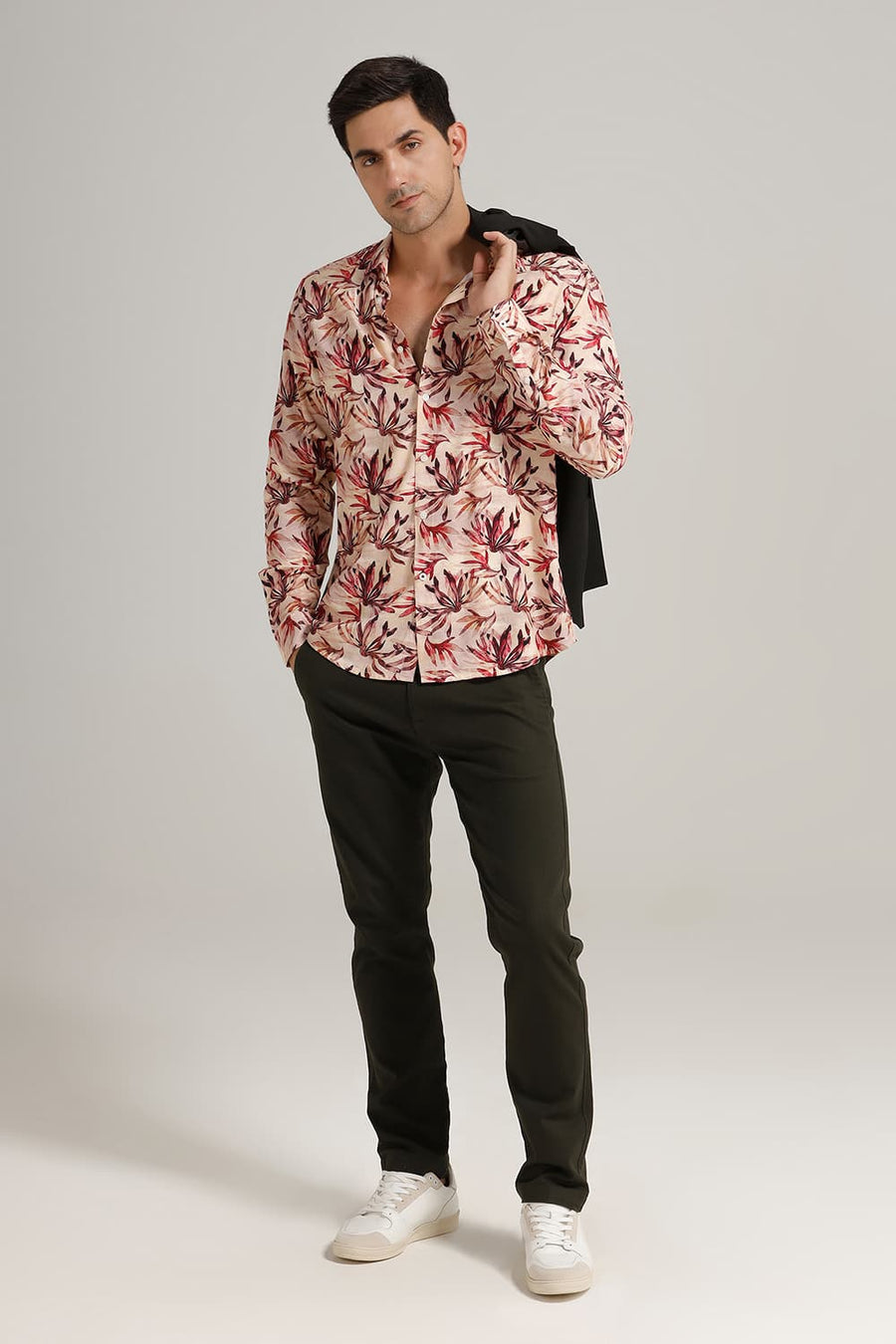 BASICS SLIM FIT PEACH LATTE VISCOSE DIGITAL PRINTED SHIRT