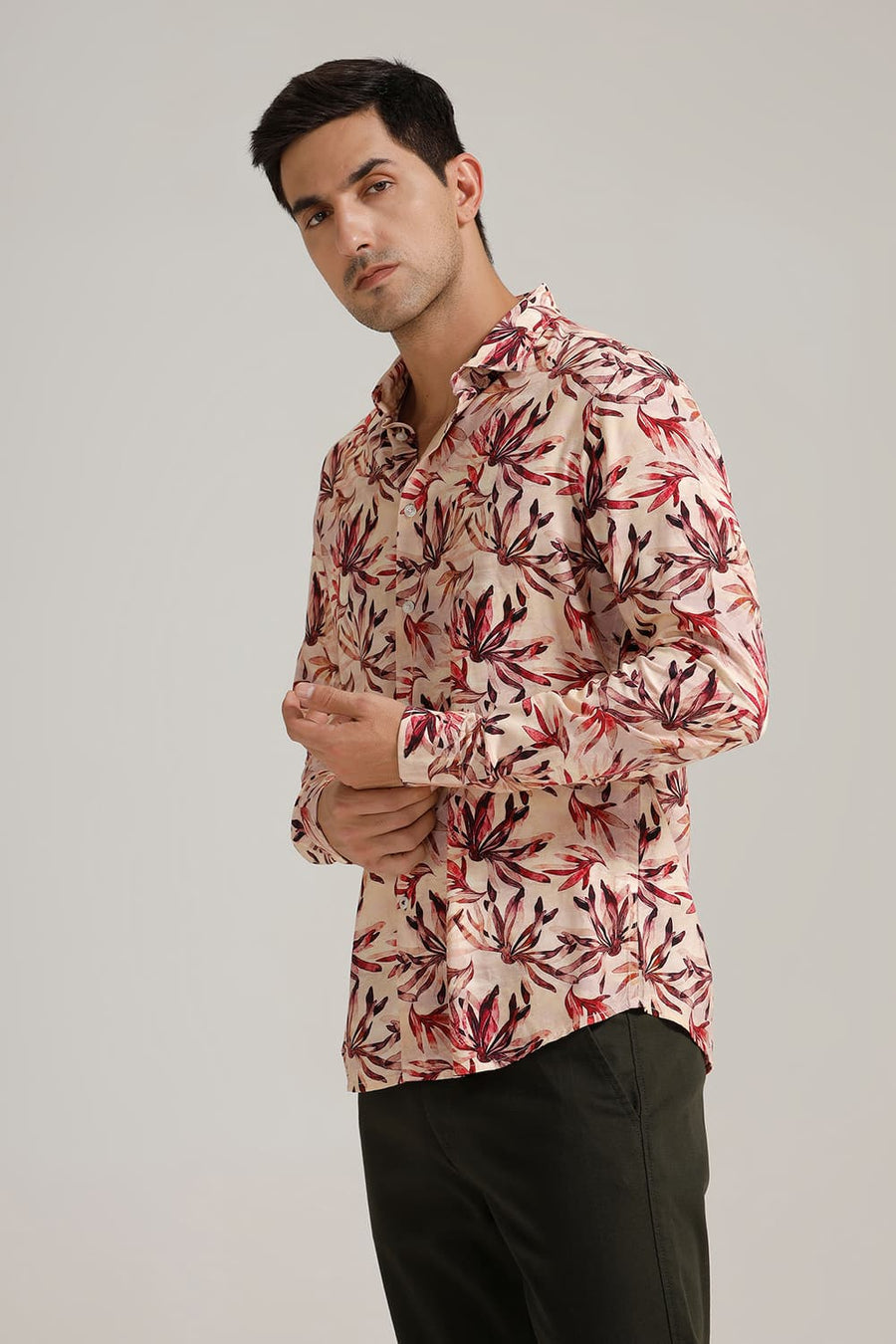 BASICS SLIM FIT PEACH LATTE VISCOSE DIGITAL PRINTED SHIRT