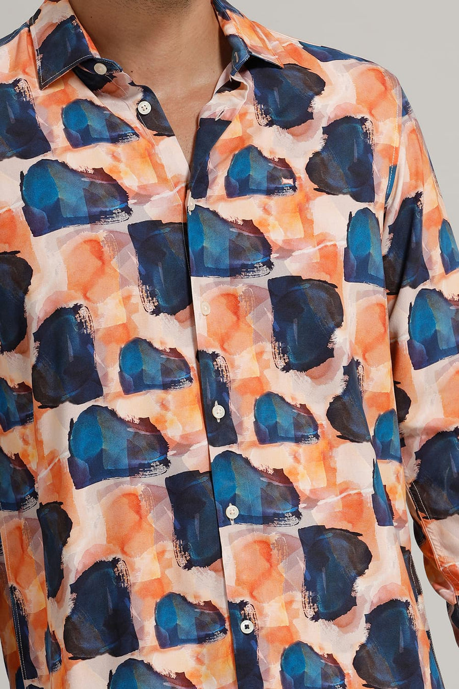 BASICS SLIM FIT ORANGE NIGHTS VISCOSE DIGITAL PRINTED SHIRT