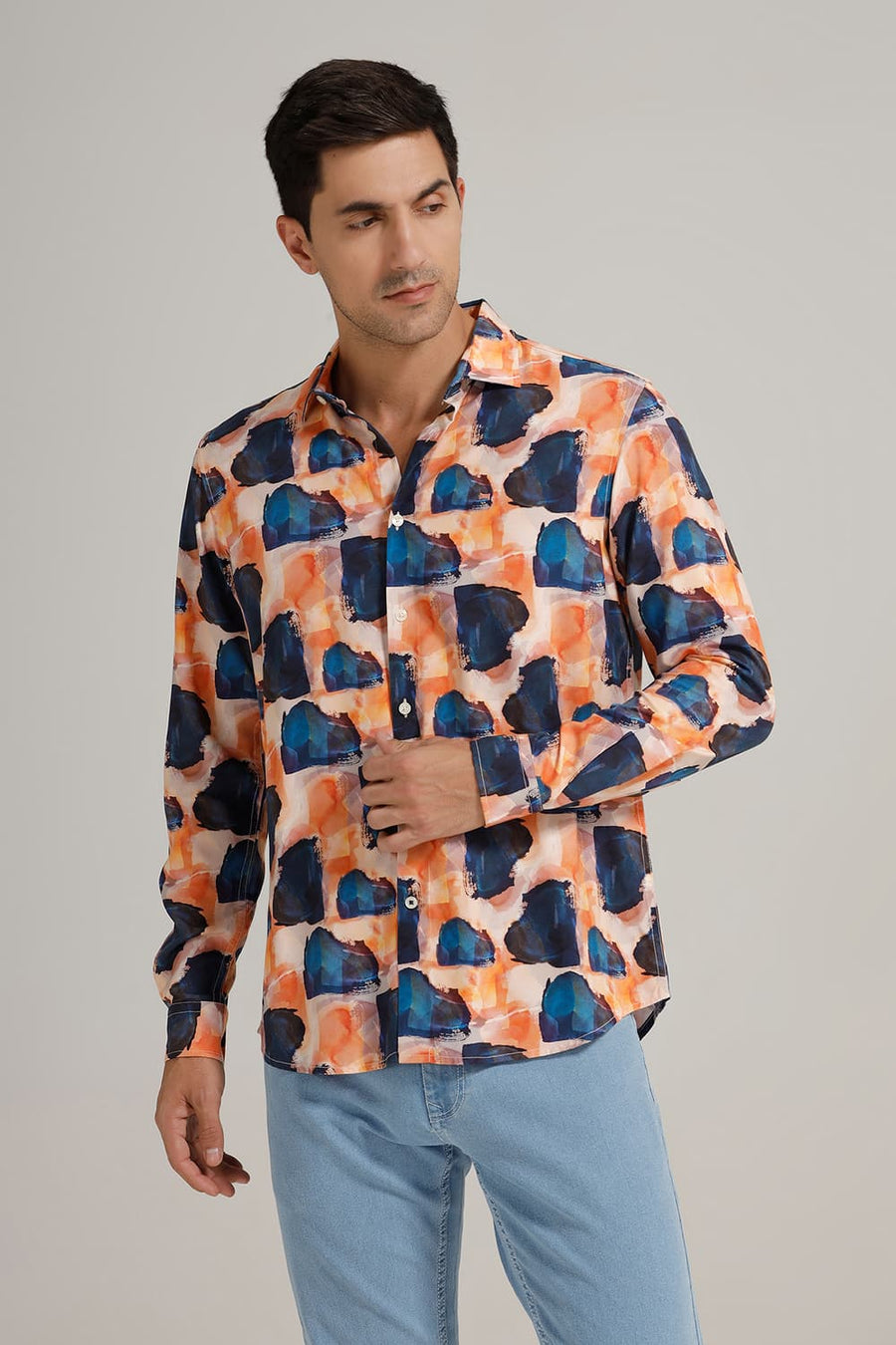 BASICS SLIM FIT ORANGE NIGHTS VISCOSE DIGITAL PRINTED SHIRT