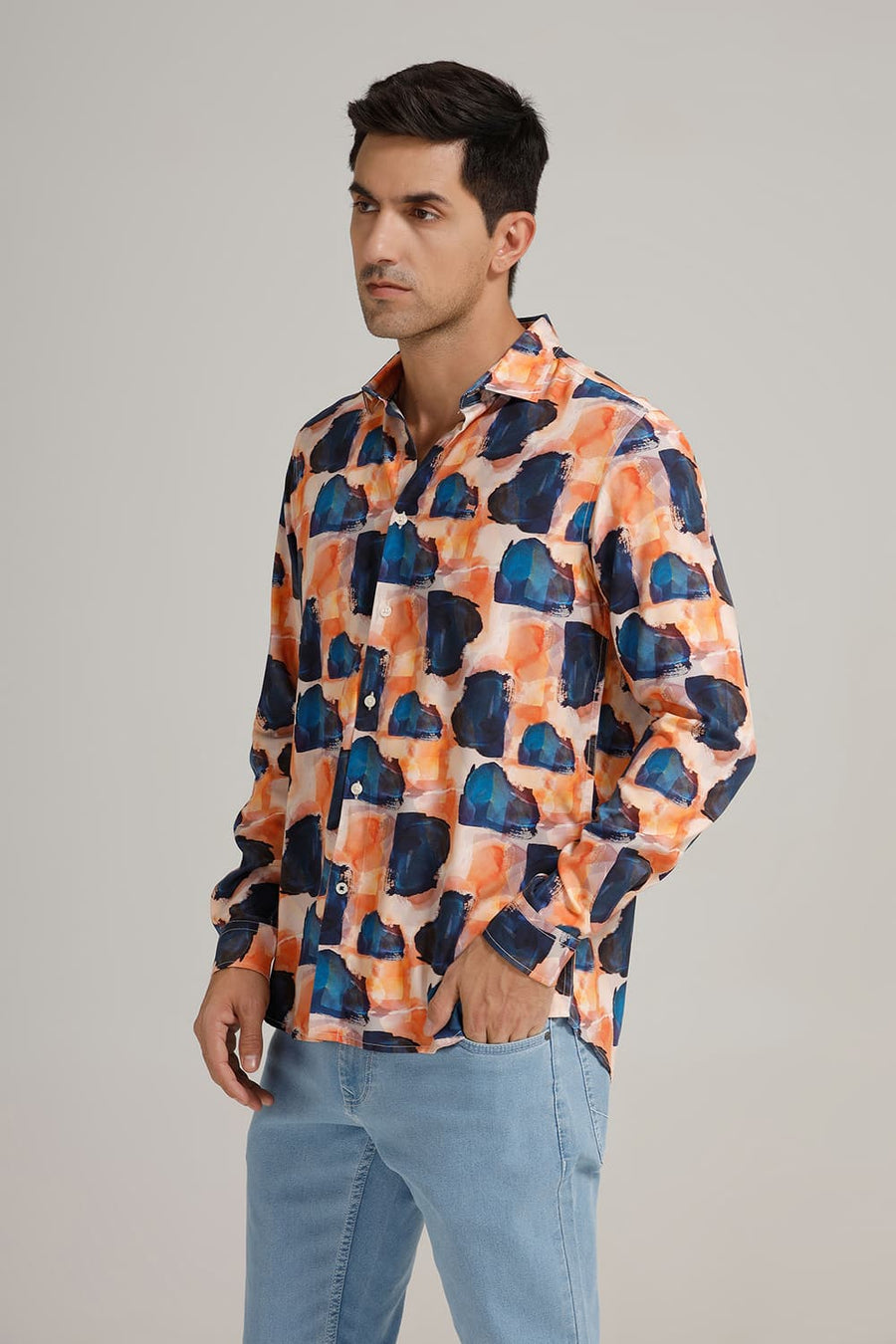 BASICS SLIM FIT ORANGE NIGHTS VISCOSE DIGITAL PRINTED SHIRT
