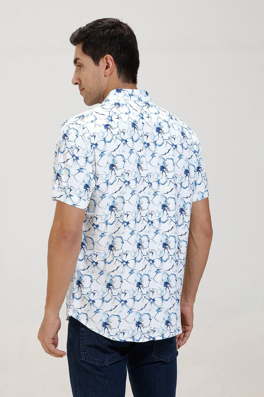 BASICS SLIM FIT GALAXY BLUE VISCOSE DIGITAL PRINTED HALFSLEEVES SHIRT